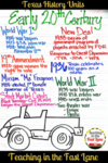 4th Grade Texas History unit for the Early 20th Century including WWI, the Roaring 20s, the Great Depression, and WWII. Check out this blog post for instructional ideas and tips, a timeline anchor chart, and student activities to up engagement. 