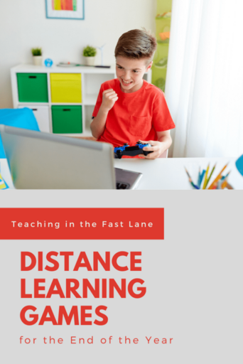Photo of excited boy in red shirt fist pumping while looking at laptop with title "Distance Learning Games for the End of the Year."