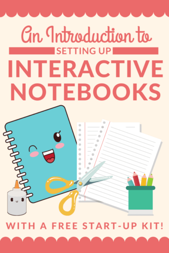 Cartoon notebook supplies on pale background with the title, " Setting Up Interactive Notebooks"