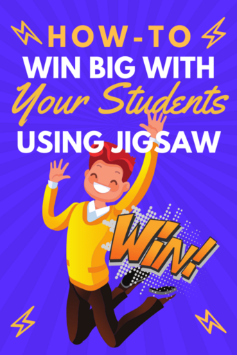 Purple background with an illustration of a jumping student in a yellow sweater with the word win written next to them with the title, "How-To Win Big With Your Students Using Jigsaw" in yellow and white lettering.