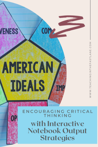 Image of an interactive notebook activity about American Ideals with the title in a blue box, "Encouraging Critical Thinking with Interactive Notebook Output Strategies"