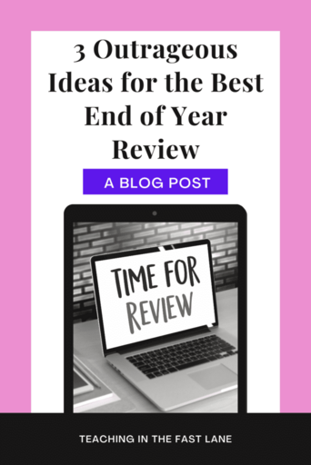 Pink background with white box, title "3 Outrageous Ideas for the Best End of Year Review" and photograph of laptop with the words time for review