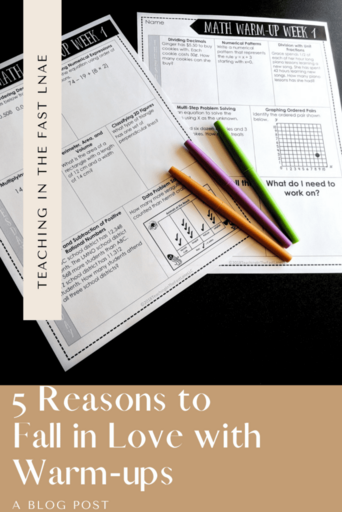 Photograph of math warm-up with three pens on top with title "5 Reasons to Fall in Love with Warm-Ups"