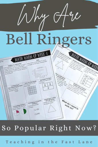 Blue background with a photo of a two page math bell ringer and the title "Why Are Bell Ringers So Popular Right Now?"
